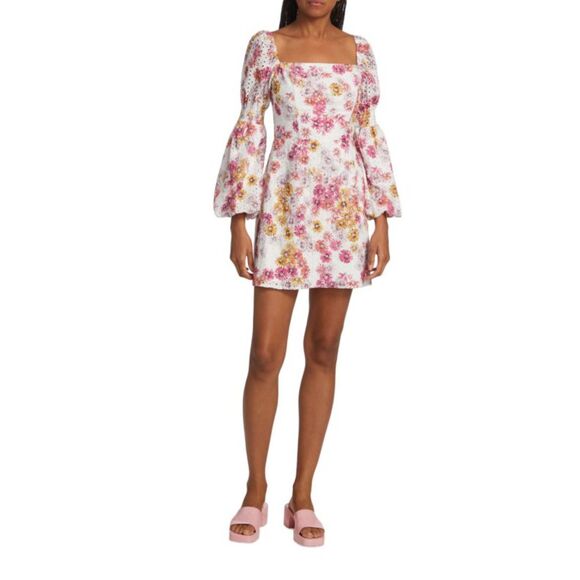 Wayf Somerset Puff Sleeve Daisy Floral Print Eyelet Mini Dress XS NWT - Picture 1 of 12